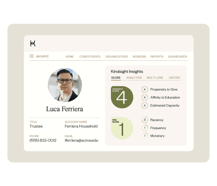 Product shots of Kindsight's Higher education Fundraising Platform