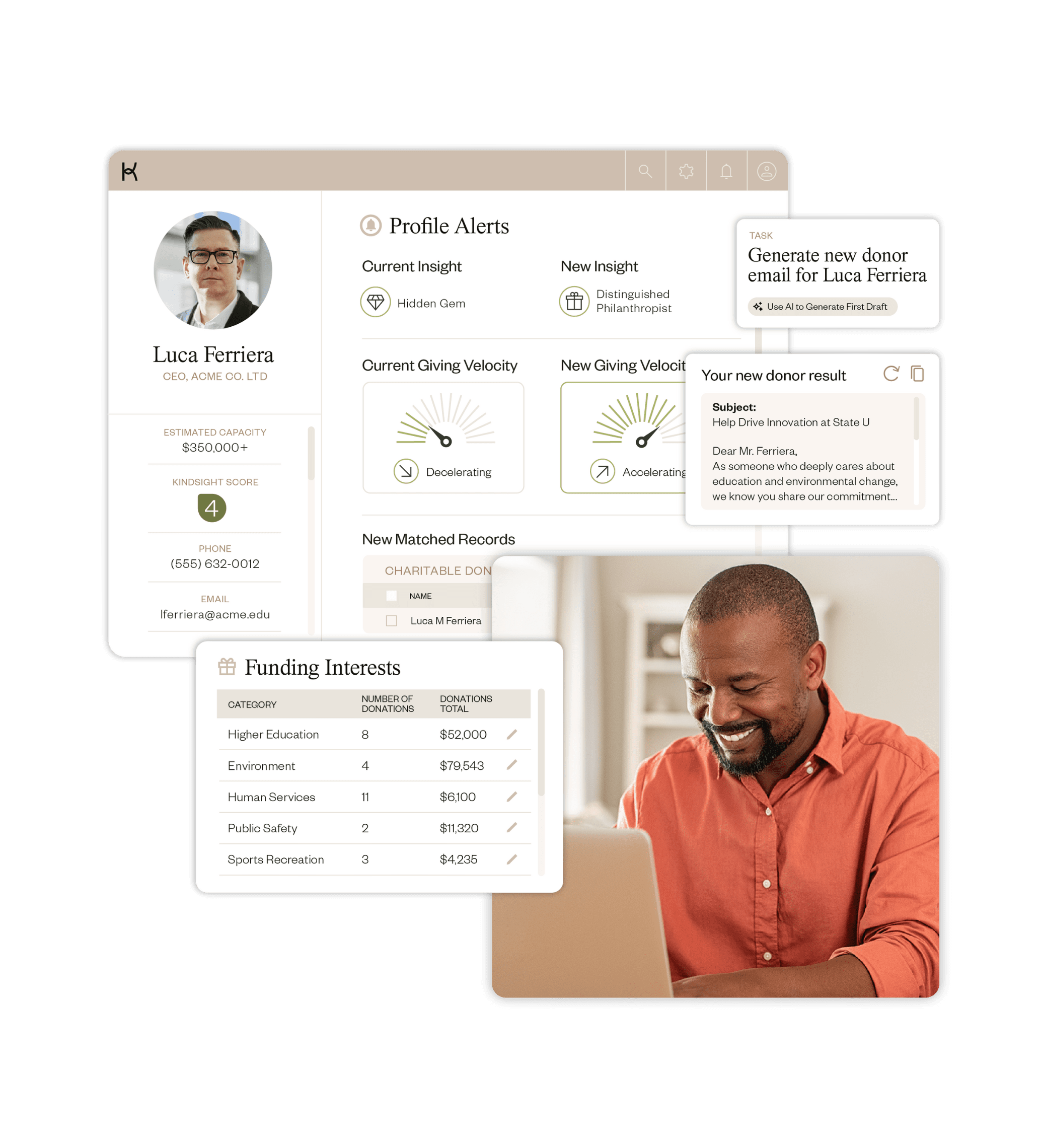 Product shots of Kindsight's Higher education Fundraising Platform